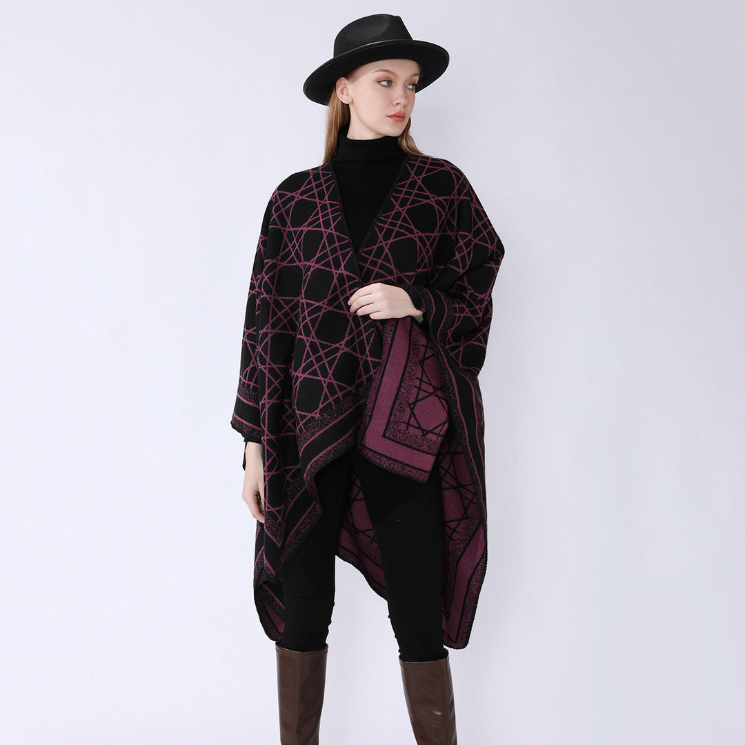 Damen Wendbarer Jacquard-Capeponcho mit geometrischem Allovermuster und offenem Kimono-Fall – Célinea