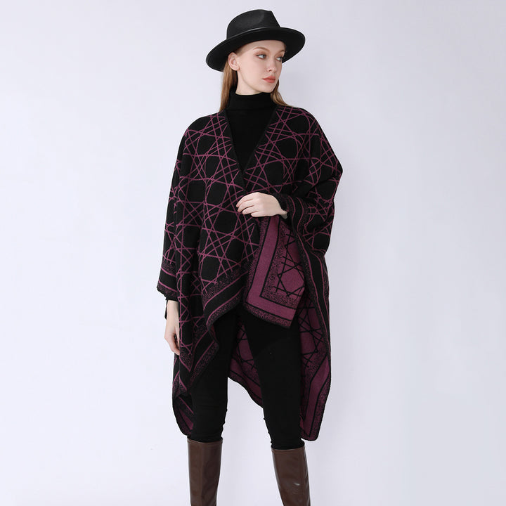 Damen Wendbarer Jacquard-Capeponcho mit geometrischem Allovermuster und offenem Kimono-Fall – Célinea