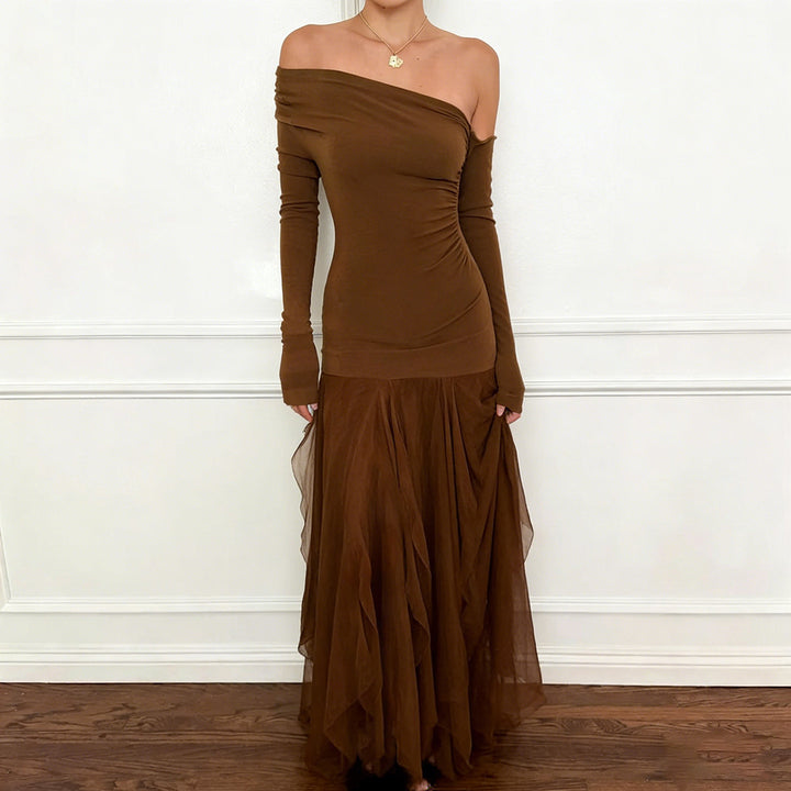 Damen Ein-Schulter-Abendkleid mit taillierter Stretch-Silhouette und mehrlagigem Tüll-Mermaidrock Echo Archiv
