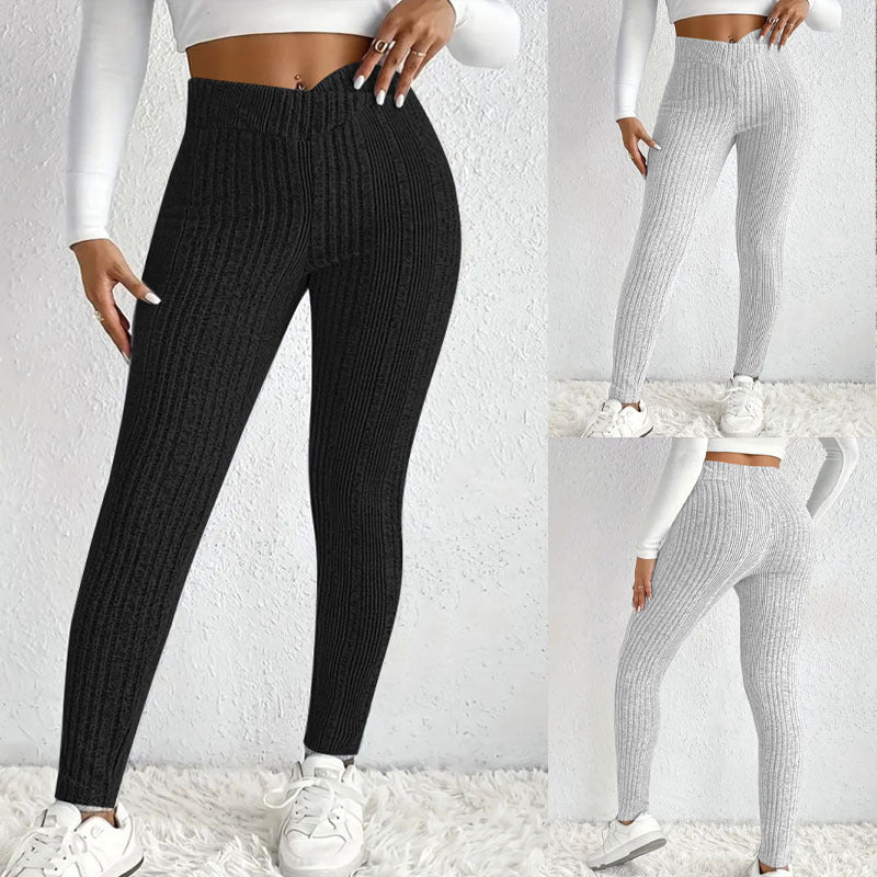 Damen Hochtaillierte Gerippte Feinstrick-Leggings mit Formbund und Stretchkompression Echoarchiv