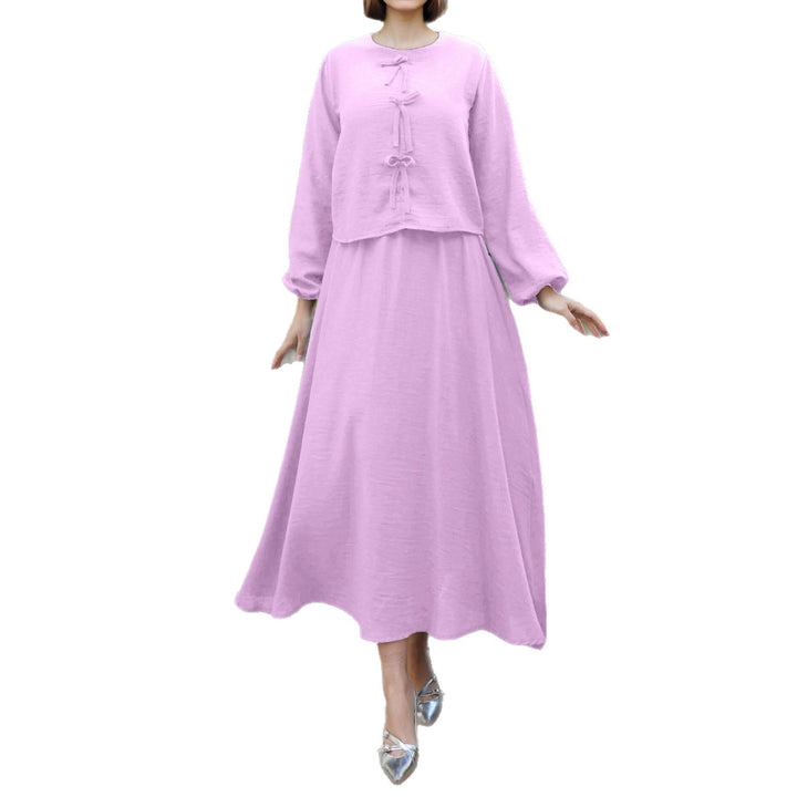 Damen Langes Zweiteiliges Maxikleid mit Überwurf, Rundhals und Zierknoten – Valéora