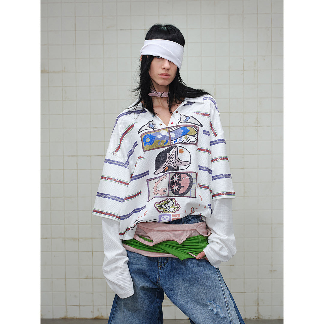 Damen Waffel-Polo-Shirt mit Grafik-Print, Streifen und halber Druckknopfleiste Echoarchiv