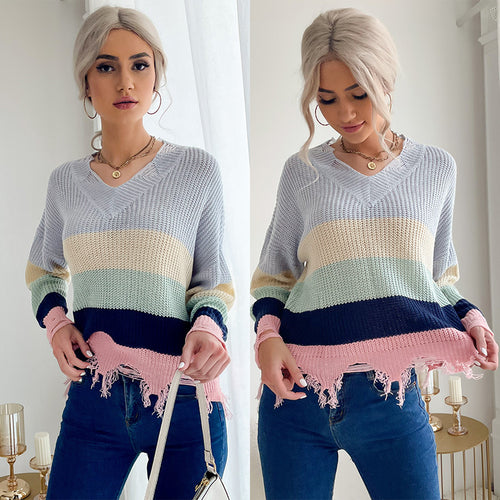 Damen Oversize V-Ausschnitt Strickpullover mit Streifendessin und ausgefranstem Saum Echoarchiv
