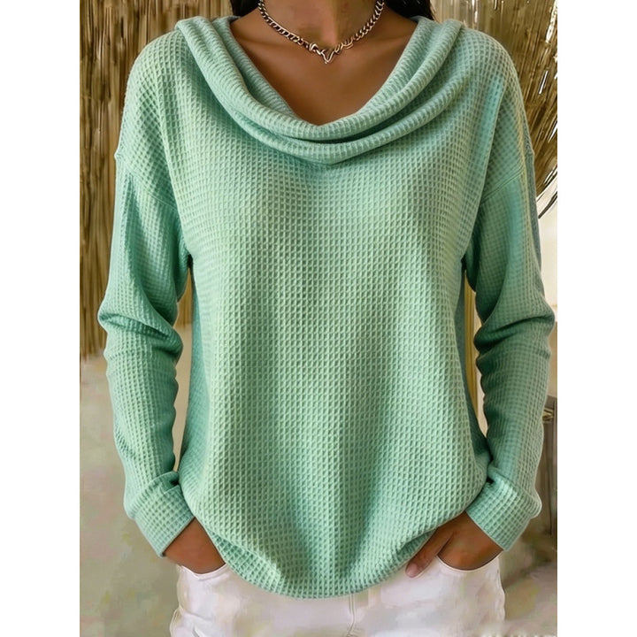 Damen Lässiger Waffelstrick-Pullover mit weitem Wasserfallkragen und gerundetem Saum Echoarchiv