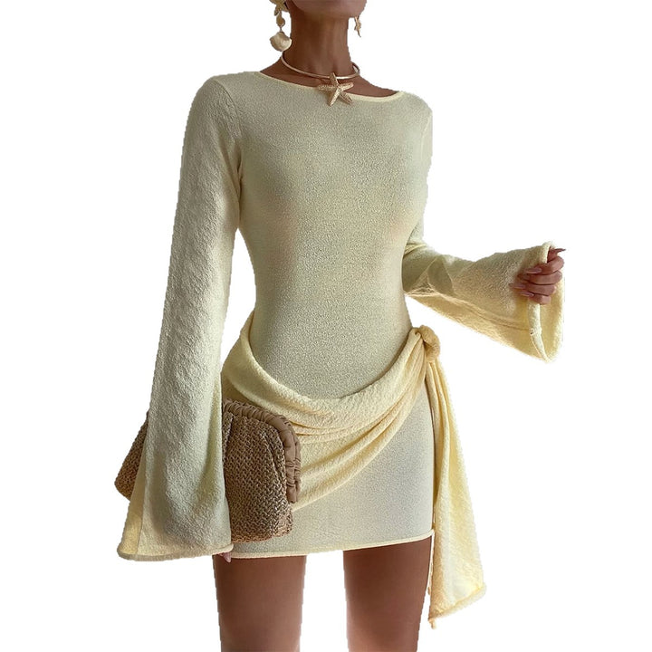 Damen nan elegantes Terry-Minikleid mit taillierter Silhouette, langen Ärmeln und seitlicher Drapé-Schleife Echo Archiv