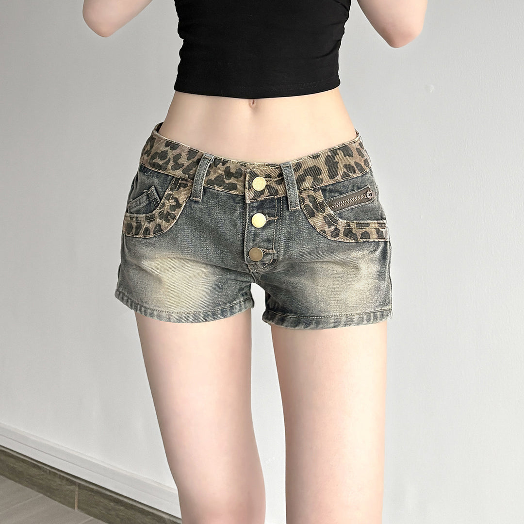 Damen Kurze Jeansshorts mit Leopardenmuster und gerafftem Bund Echo Archiv