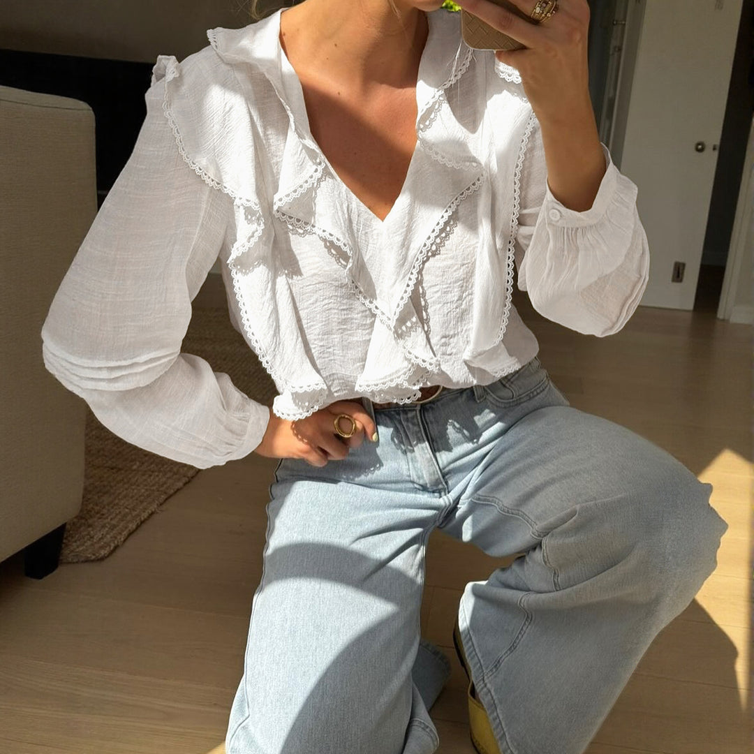 Damen Leichte V-Ausschnitt-Bluse mit Volantfront, Lochstickerei und Ballonärmeln Echoarchiv