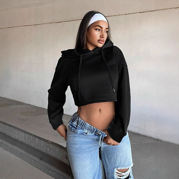 Damen kurzes Kapuzen-Sweatshirt Cropped-Hoodie mit Kordelzug gerippten Bündchen und lässiger Oversize-Passform – Auréline