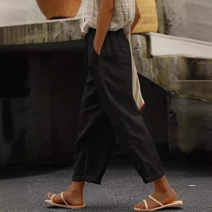 Damen lässige Leinenhose mit elastischem Bund und seitlichen Taschen Echoarchiv