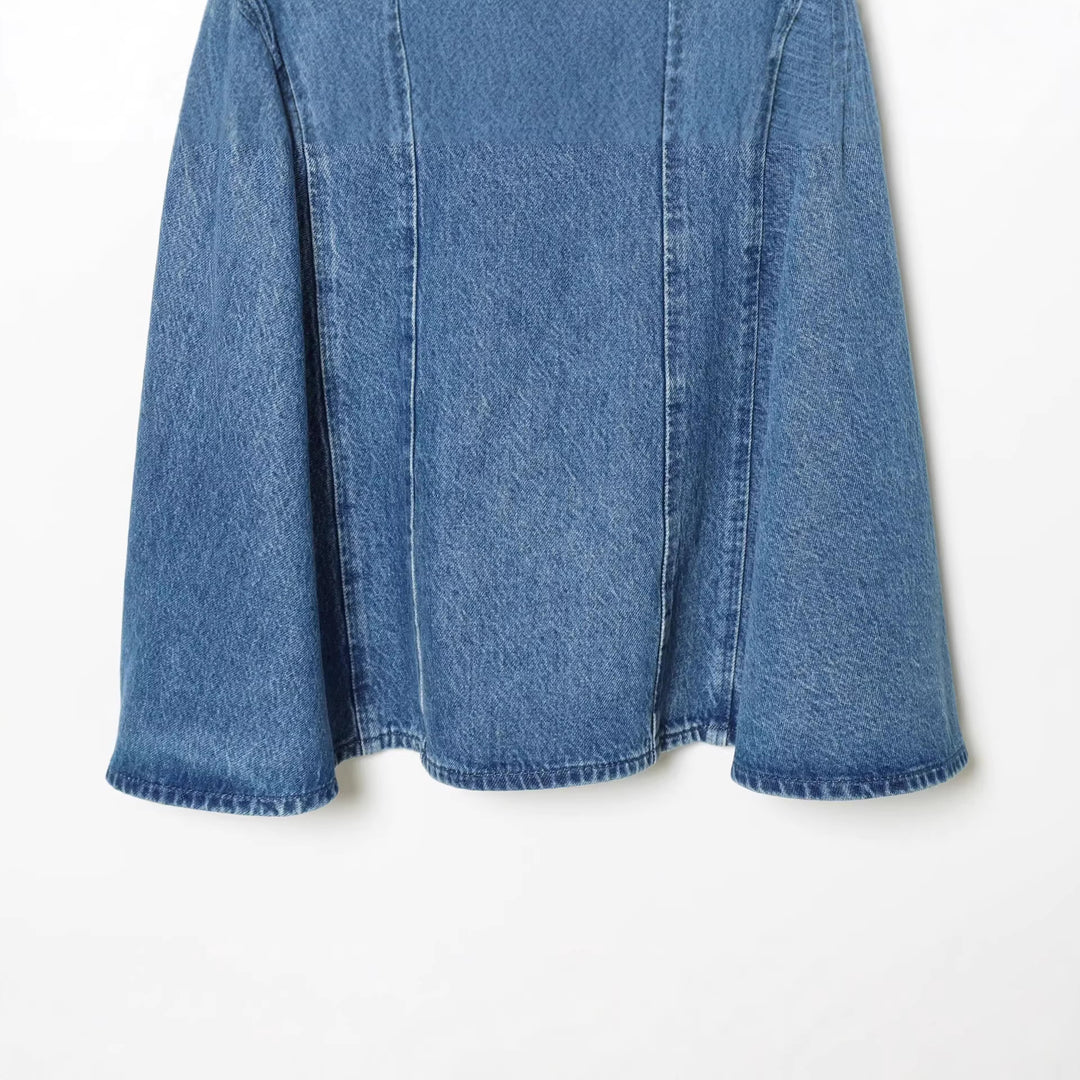 Damen Denim-Kleid mit Puffärmeln, Teilungsnähten und ausgestellter A-Linie Echoarchiv