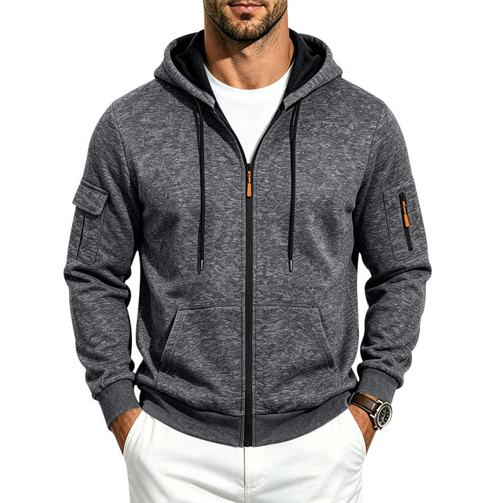 Herren Melierte Zip‑Hoodie‑Jacke mit Utility‑Ärmeltasche und Känguru‑Taschen Echoarchiv