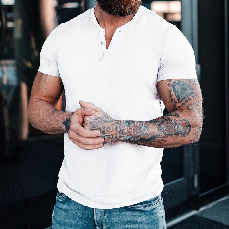 Herren Kurzarm-Henley-T-Shirt aus hochwertiger Baumwolle mit Knopfleiste Echoarchiv