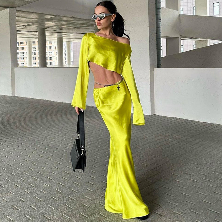 Damen Asymmetrisches Crop-Top mit langem Arm und fließendem Rock Echo Archiv