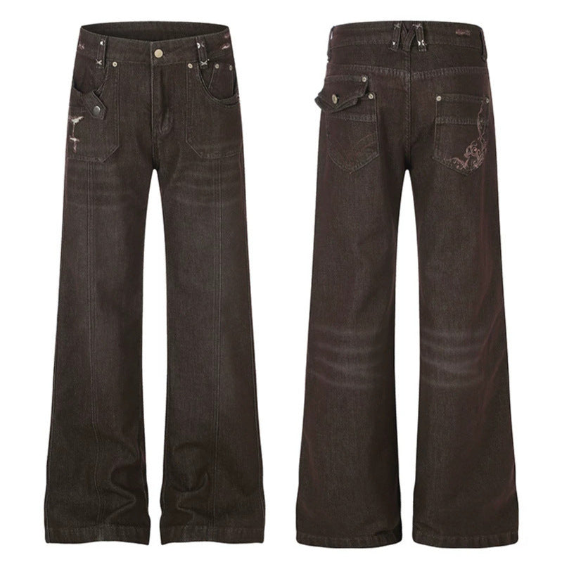Damen Weite High‑Waist Denimhose mit geradem Bein und Utility‑Pattentaschen Echoarchiv