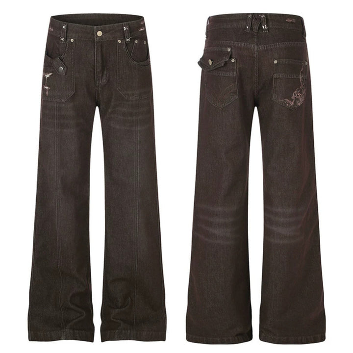Damen Weite High‑Waist Denimhose mit geradem Bein und Utility‑Pattentaschen Echoarchiv
