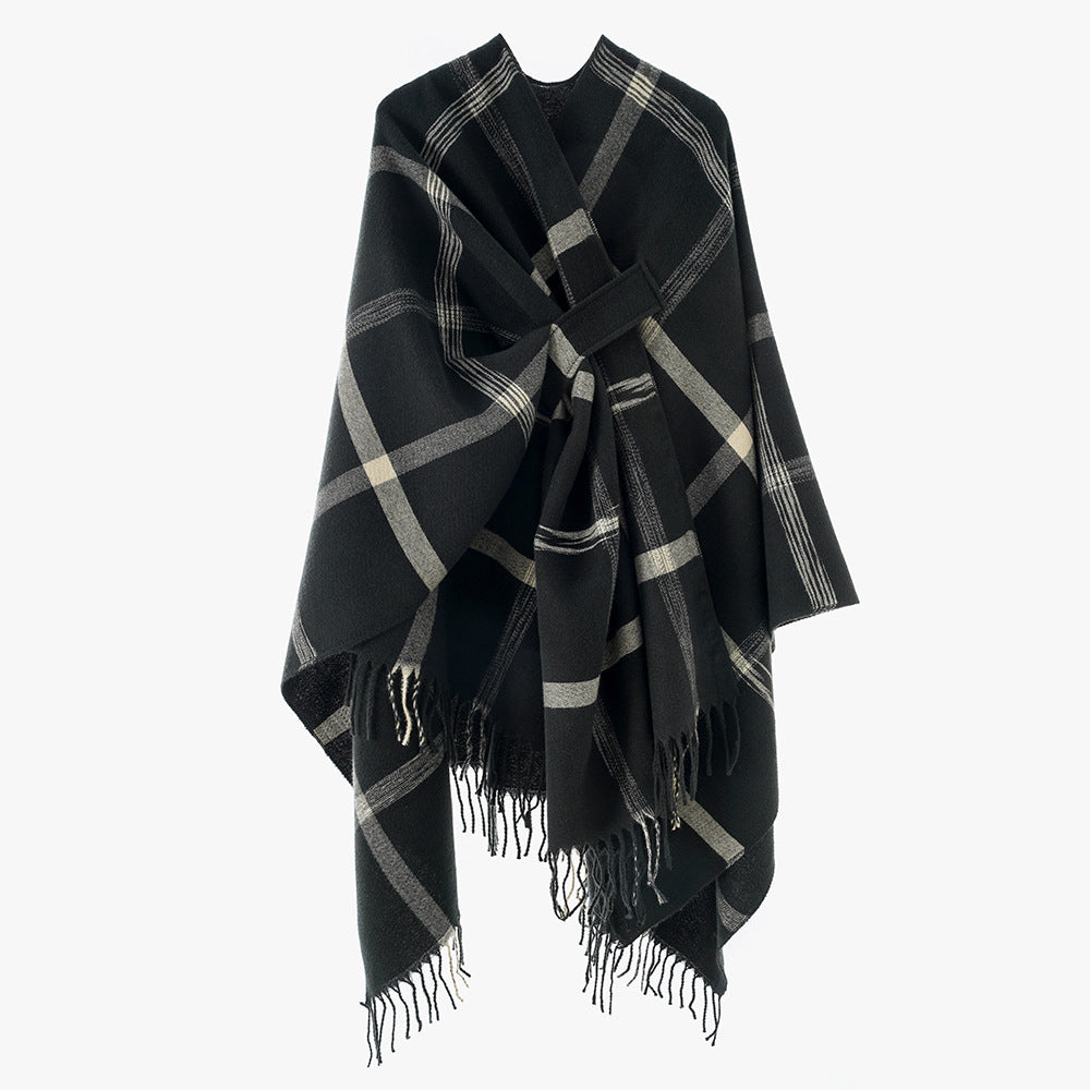 Damen Oversize-Capeponcho aus Wollmix mit Bindegürtel, Fransen und großem Karomuster Echo Archiv