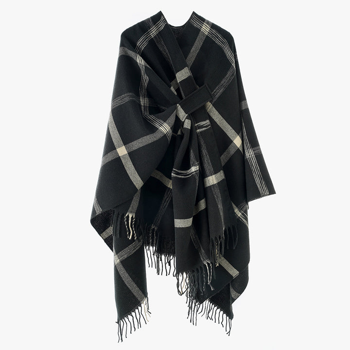 Damen Oversize-Capeponcho aus Wollmix mit Bindegürtel, Fransen und großem Karomuster Echo Archiv