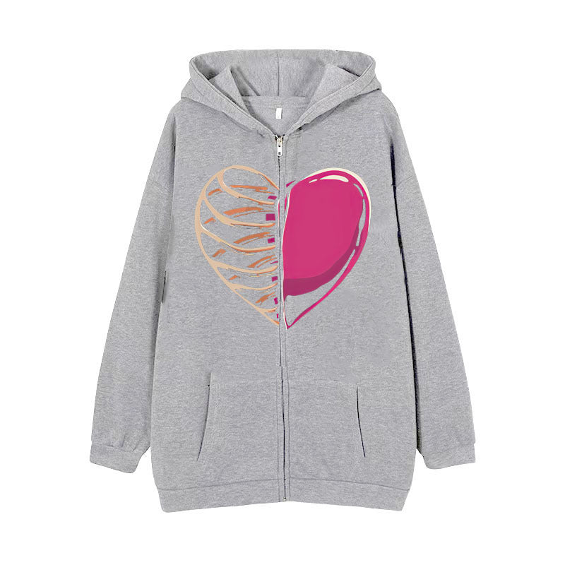 Damen Kapuzenjacke mit durchgehendem Reißverschluss und Rippenherz-Print – Auréline