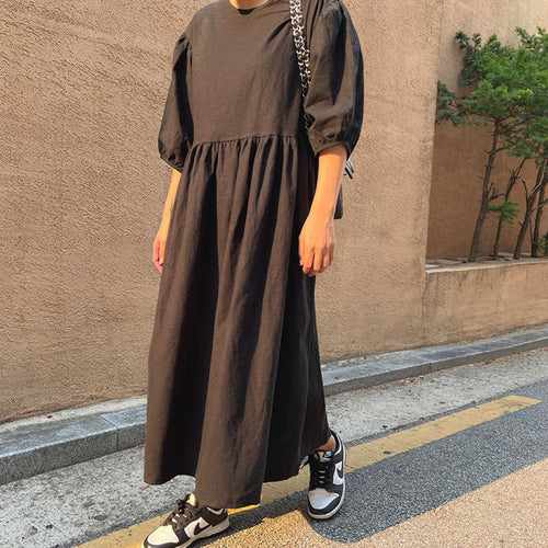 Damen Fließendes Maxikleid aus Leinenmix mit geraffter Taillennaht und Ballonärmeln – Valéora