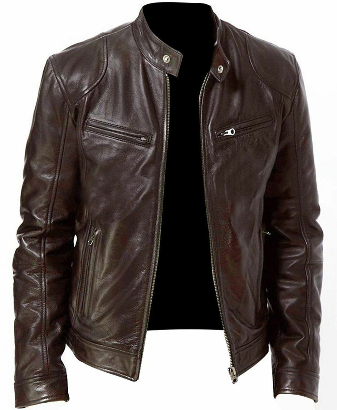 Herren nan vintage-inspirierte Lederjacke im Bikerstil mit Stehkragen und sichtbaren Reißverschlüssen Echo Archiv