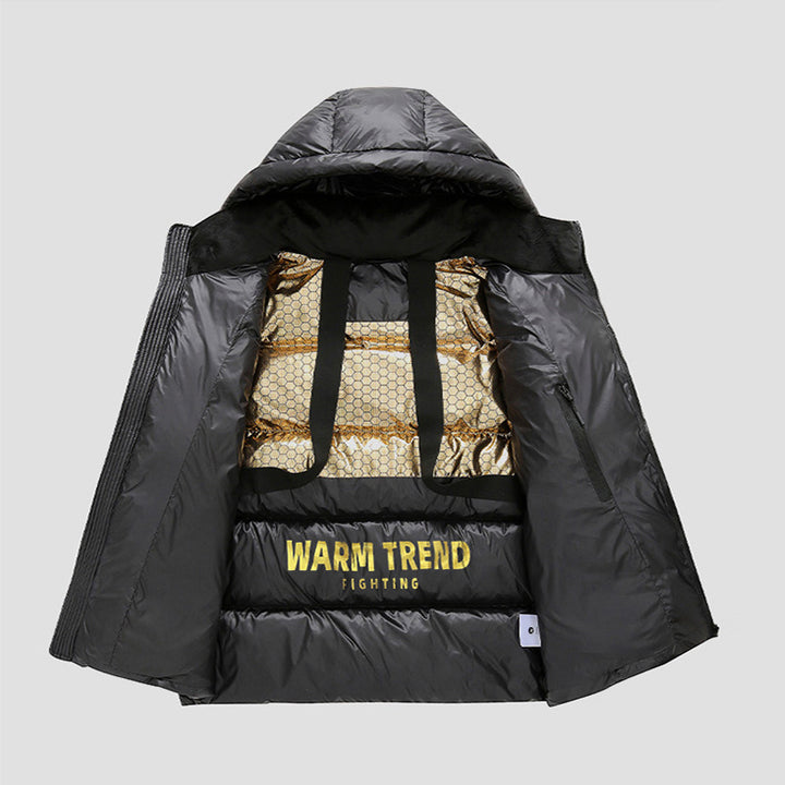 Herren glänzende Thermo-Steppjacke mit reflektierender Innenseite, Kapuze und wärmedämmender Füllung – Marzano