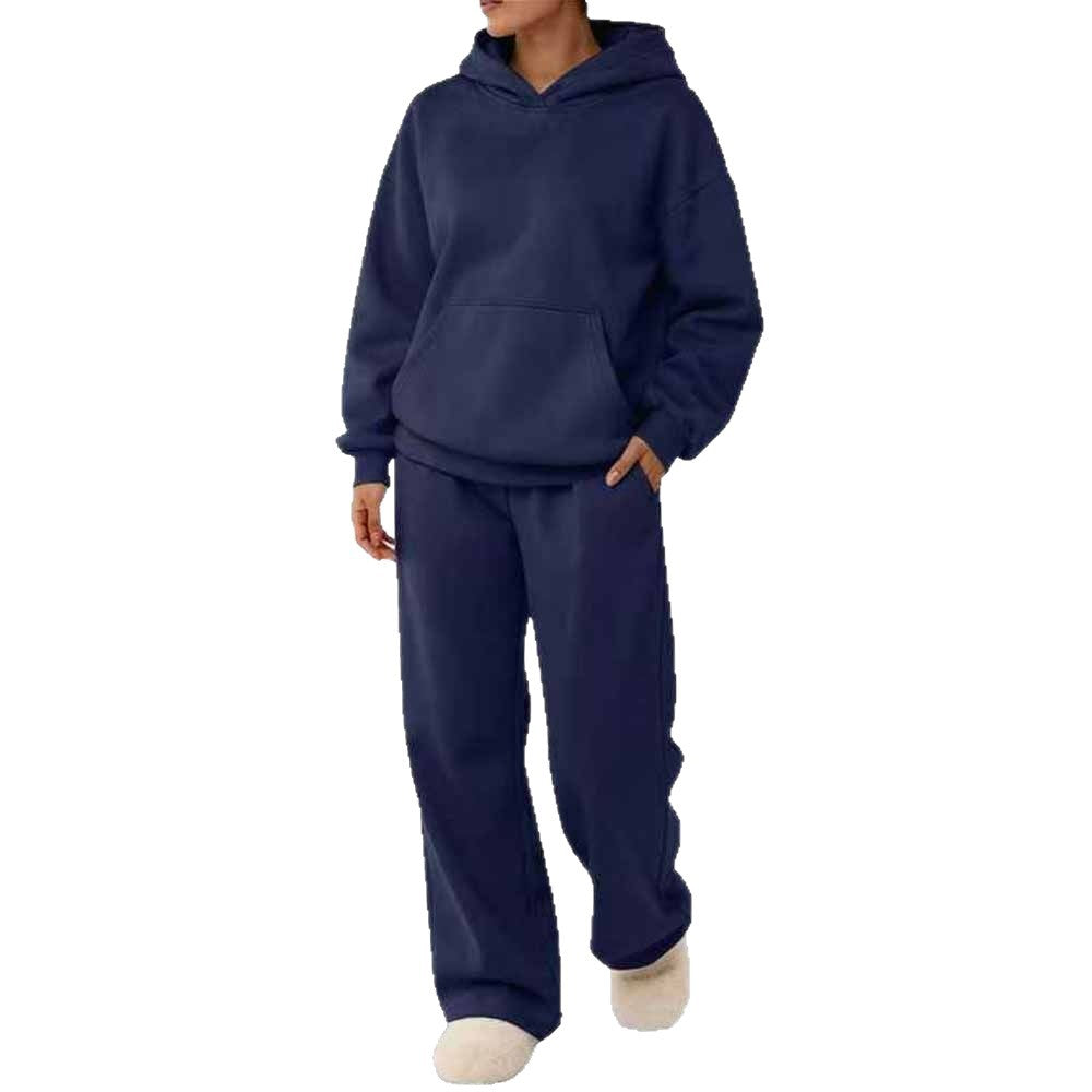 Damen zweiteiliges Freizeit-Lounge-Set mit Kapuzenpullover, Kängurutasche und gerader Loungehose aus weichem Baumwollmix – Auréline