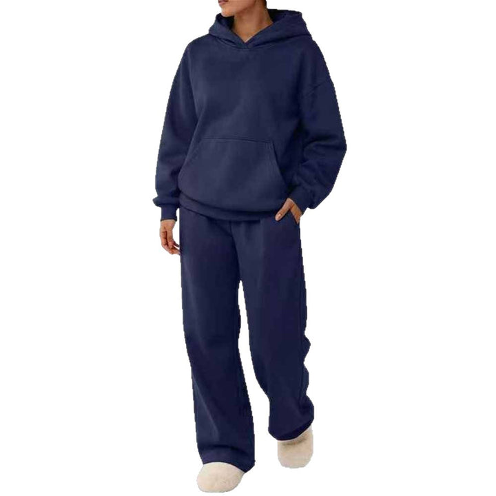 Damen zweiteiliges Freizeit-Lounge-Set mit Kapuzenpullover, Kängurutasche und gerader Loungehose aus weichem Baumwollmix – Auréline
