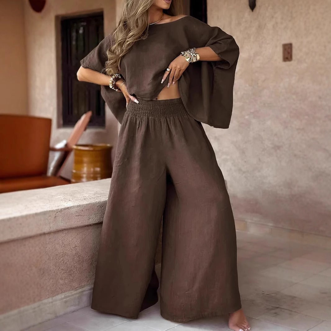 Damen Leinen-Set mit Cropped Oversize-Top und hohem elastischem Bund Palazzohose Echoarchiv
