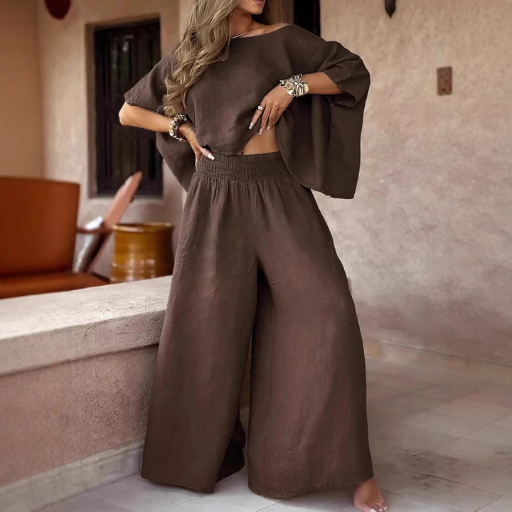 Damen Leinen-Set mit Cropped Oversize-Top und hohem elastischem Bund Palazzohose Echoarchiv