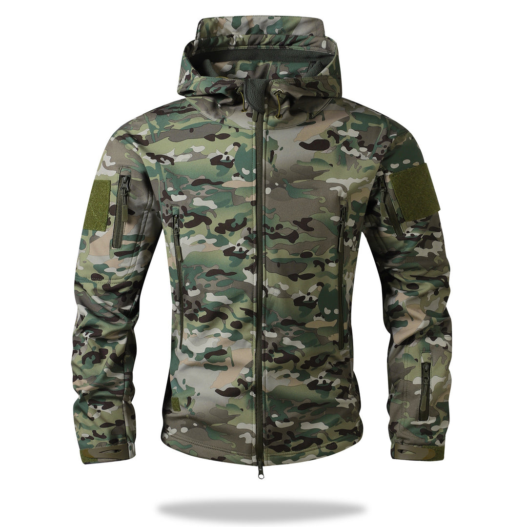 Herren Taktische Softshelljacke mit Kapuze, Camouflage‑Design und Multifachtaschen – Taviero
