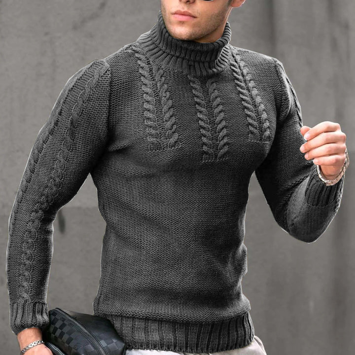 Herren gehobener Strickpullover mit hohen Kragen und detailreichen Zopfmuster Echoarchiv