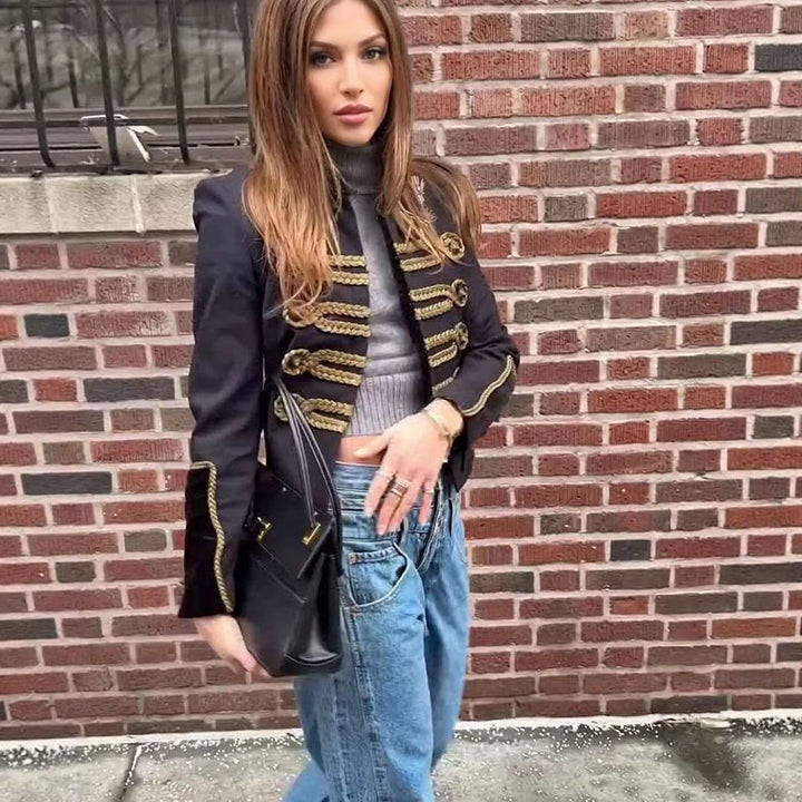 Damen Cropped-Militärjacke mit Zierkordel und Samtkragen Echo Archiv