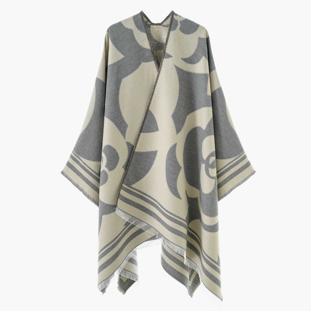 Damen Grobgewebter Jacquard-Überwurf mit großflächigem Ornamentmuster und Zierfransen – Avérine