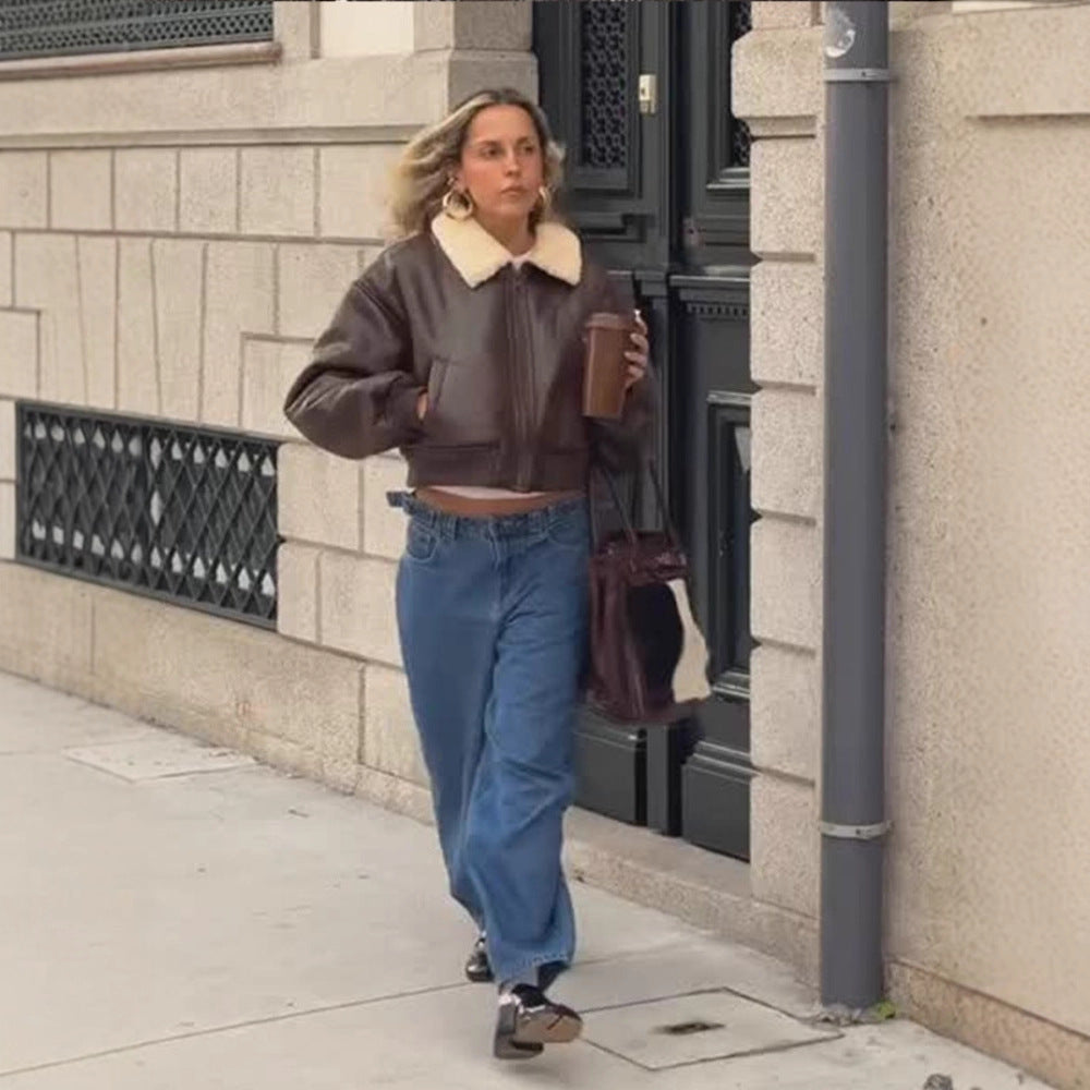 Damen Oversized Fliegerjacke im Biker-Bomber-Stil mit Teddykragen Echoarchiv