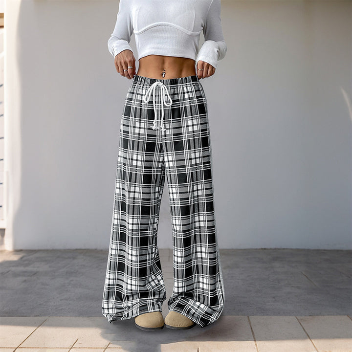 Damen Weite Lounge‑Hose im Karomuster mit elastischem Bund und Kontrast‑Seitpanel Echoarchiv