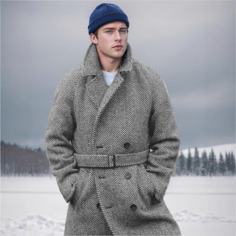Herren eleganter Wollmantel mit doppeltem Revers und strukturiertem Herringbone-Muster Echoarchiv