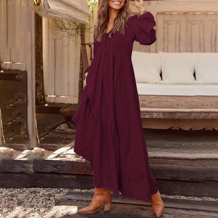 Damen nan luftiges Maxikleid mit V-Ausschnitt, langen Ärmeln und seitlichen Taschen Echo Archiv