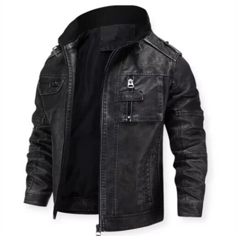 Herren Vintage-inspirierte Bikerjacke in Lederoptik mit Utility-Taschen und Stehkragen Echoarchiv