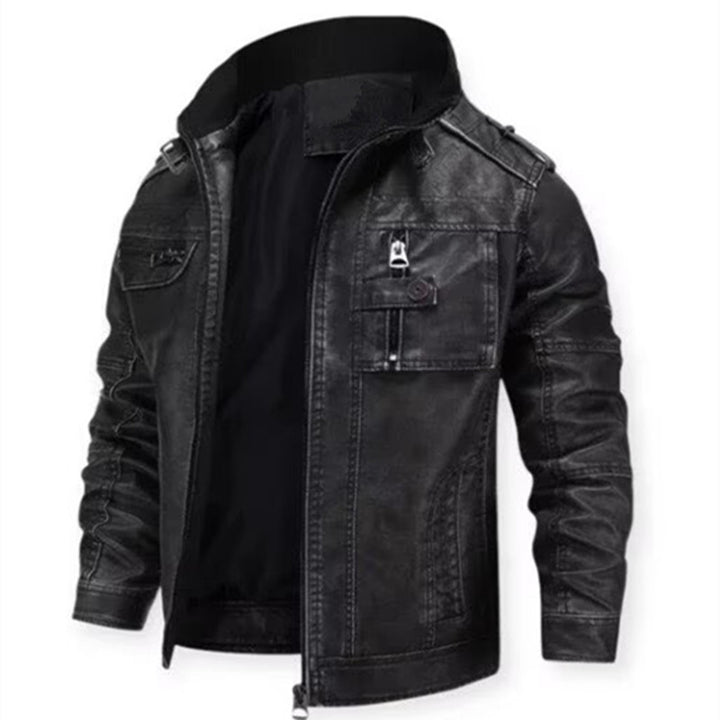 Herren Vintage-inspirierte Bikerjacke in Lederoptik mit Utility-Taschen und Stehkragen Echoarchiv