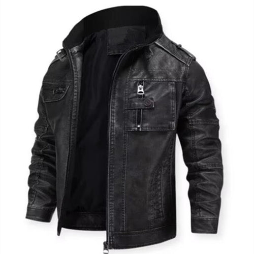 Herren Vintage-inspirierte Bikerjacke in Lederoptik mit Utility-Taschen und Stehkragen Echoarchiv