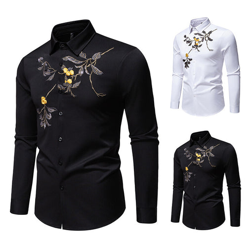 Herren elegantes Langarmhemd mit floraler Stickerei Echoarchiv