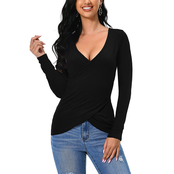 Damen figurbetontes Wickelshirt mit tiefem V‑Ausschnitt und überlappendem Saum – Avérine