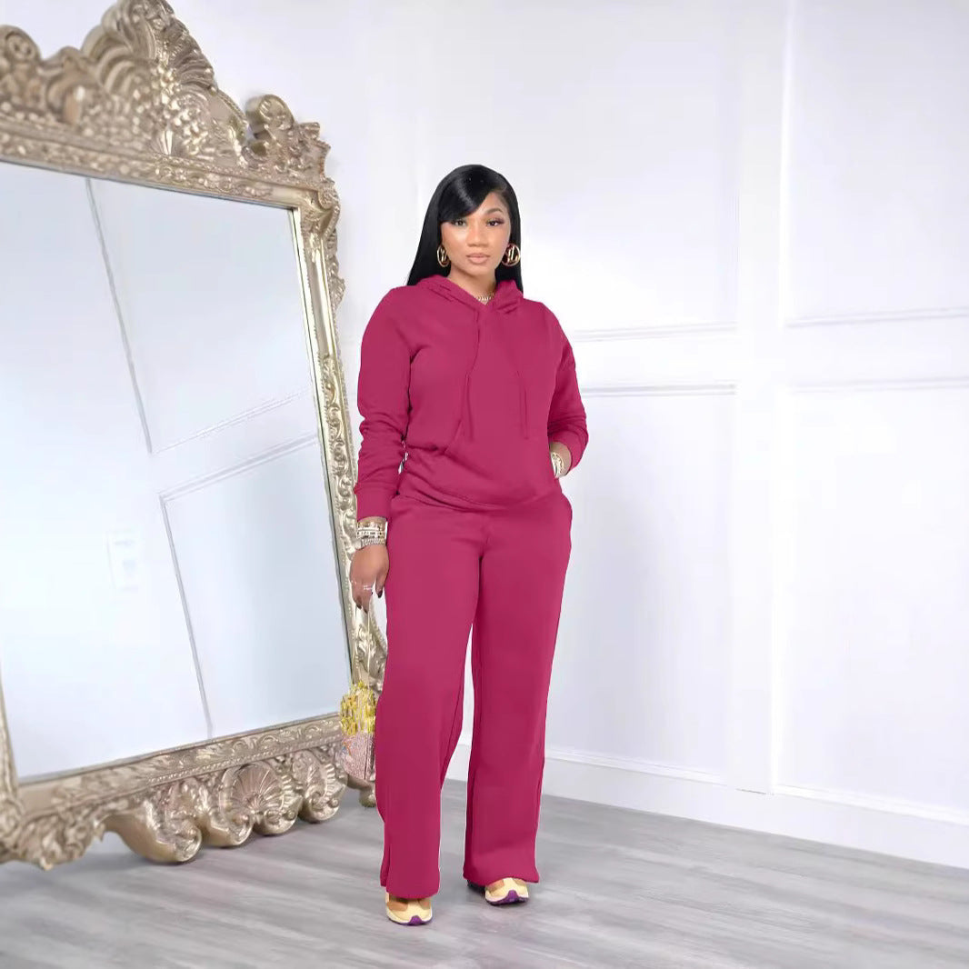 Damen Relax-Loungewear-Set mit weitem Highwaist-Palazzo-Jogger, Kapuzenpullover mit Kängurutasche und seitlichem Saumschlitz – Avérine
