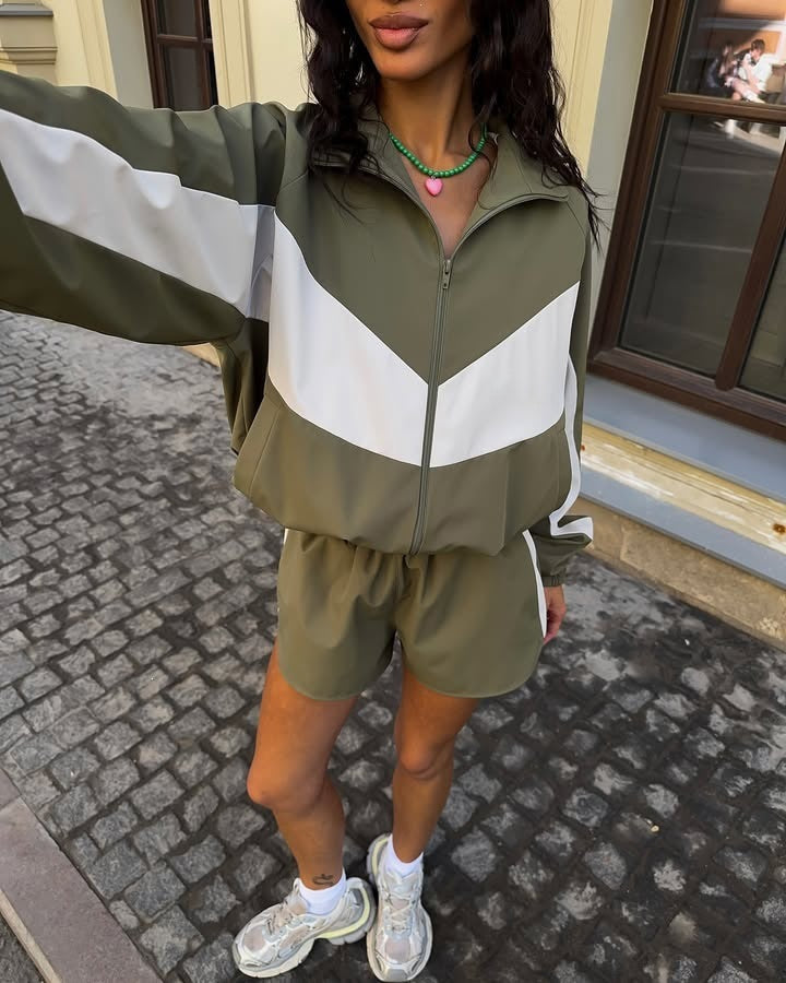 Damen nan lässiges Athleisure-Set mit windabweisender Kurzjacke, Stehkragen und elastischen Highwaist-Shorts Echo Archiv