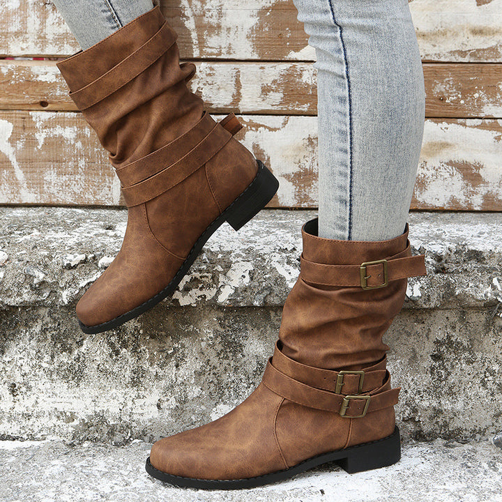 Damen nan lässige knöchelhohe Stiefelette mit gerafftem Schaft, dekorativen Schnallenriemen und flexibler Profilsohle Echo Archiv
