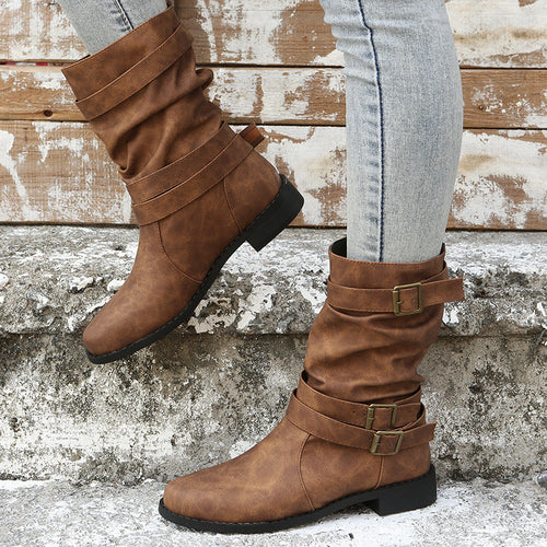 Damen nan lässige knöchelhohe Stiefelette mit gerafftem Schaft, dekorativen Schnallenriemen und flexibler Profilsohle Echo Archiv