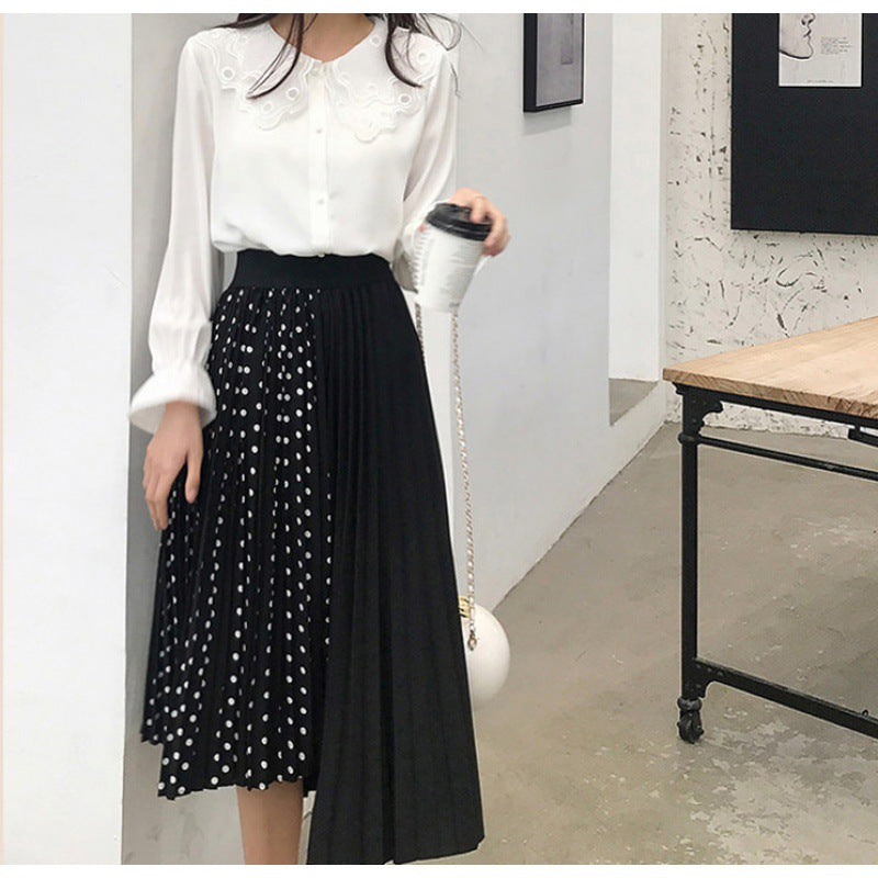 Damen Asymmetrischer Plissee-Midirock mit Tupfen-Panel und elastischem Bund – Rosévia