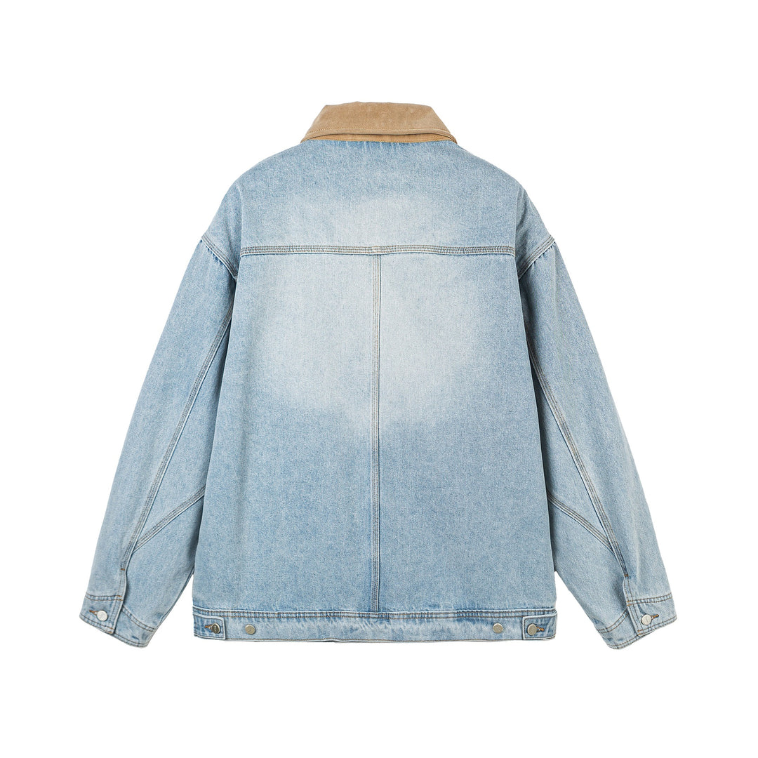 Damen Oversize-Denimjacke mit Velourslederkragen, verdecktem Reißverschluss und markanten Einstecktaschen Echoarchiv