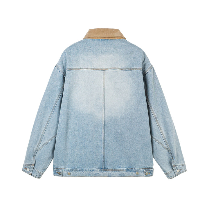 Damen Oversize-Denimjacke mit Velourslederkragen, verdecktem Reißverschluss und markanten Einstecktaschen Echoarchiv