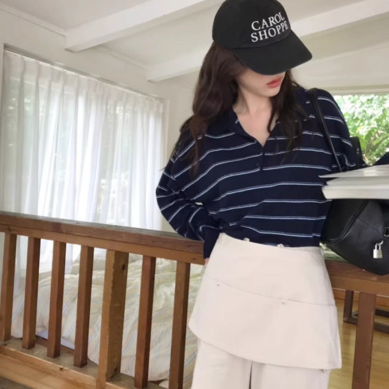 Damen Oversize-Polokragen-Strickpullover mit Streifen und halber Knopfleiste Echoarchiv
